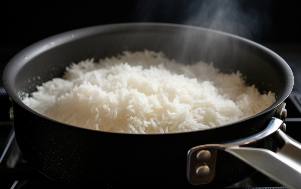 Basmati rijst dat uitstoomt in een pan